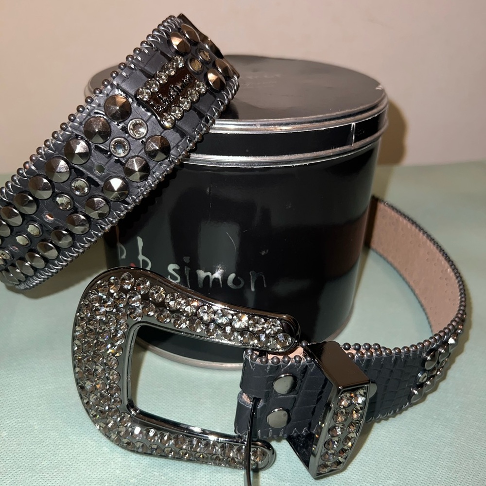 B.B. Simon Gray Studded Belt with Silver Accents